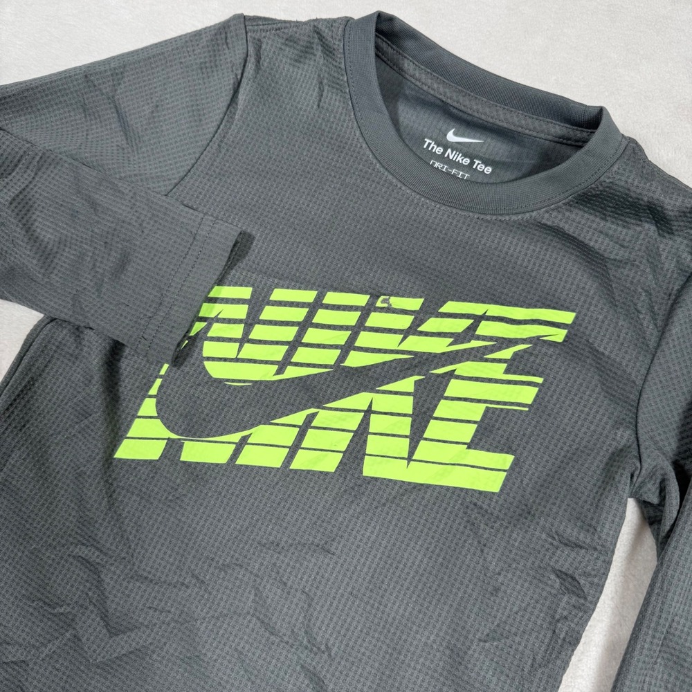 Kids Nike Dri Fit Long Sleeve‎ Athletic Shirt Gray Neon Green Swoosh Size 6